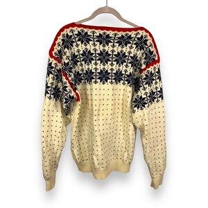VINTAGE RARE STOWE WOOLENS NORDIC WOOL IVORY RED HOLIDAY SWEATER FAUR ISLE